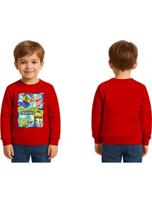 Sedirli Unisex Sünger Bob Baskılı Çocuk Swaetshirt 3 Iplik Şardonlu