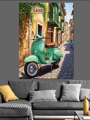 Tablomega Yeşil Scooter Motosiklet Sokak Dekoratif Kanvas - Mdf Ahşap Tablo