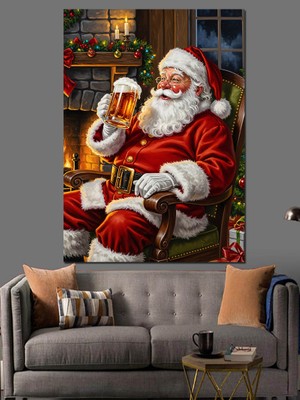 Karizma Tablo Bira Içen Noel Baba Dekoratif Kanvas - Mdf Ahşap Tablo