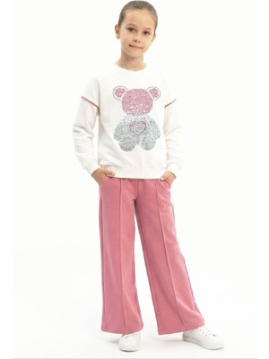 Modanino Kız Çocuk Taş Işlemeli Ayıcık ve Kalp Baskılı 2 Iplik Alt-Üst Takım 3-12 Yaş 12477