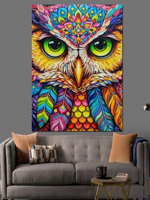 Karizma Tablo Renkli Baykuş Yüzü Portresi Dekoratif Kanvas - Mdf Ahşap Tablo