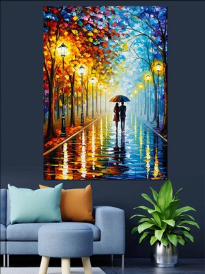 Karizma Tablo Yağmurlu Renkli Sokak Manzarasındaki Çift Dekoratif Kanvas - Mdf Ahşap Tablo