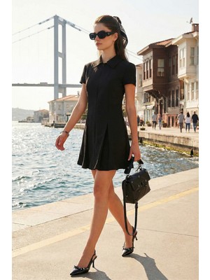 Lela Regular Fit Fermuarlı Polo Yaka Kısa Kollu Pileli Süet Elbise Bayan Elbise 5866438