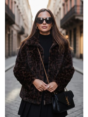Lela Oversize Fit Dik Yaka Fermuarlı Kürk Bayan Kürk 497ZETA