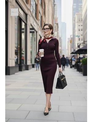 Lela Premium Fitilli V Yaka Slim Fit Midi Boy Triko Elbise Bayan Elbise 680EL00282