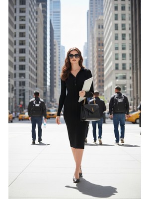 Lela Premium Fitilli V Yaka Slim Fit Midi Boy Triko Elbise Bayan Elbise 680EL00282