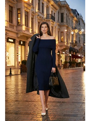 Lela Premium Fitilli Carmen Yaka Slim Fit Midi Boy Triko Elbise Bayan Elbise 680EL00033