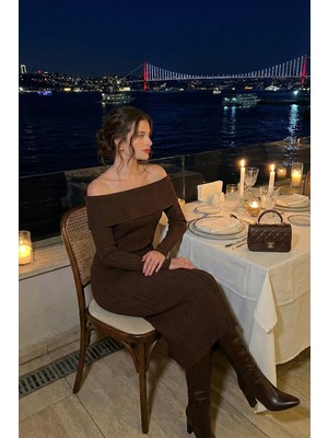 Lela Premium Fitilli Carmen Yaka Slim Fit Midi Boy Triko Elbise Bayan Elbise 680EL00033