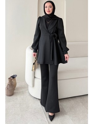 Tesettür Diyarı Kışlık Scuba Kumaş Bağlamalı Şule Tesettür Takım- Siyah