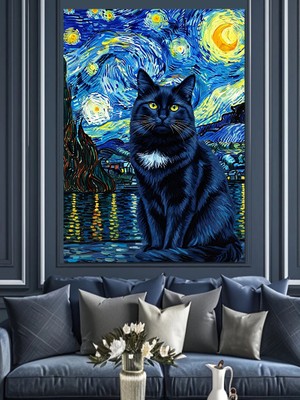 Artmeg Yıldızlı Gece Siyah Kedi Dekoratif Kanvas - Mdf Ahşap Tablo