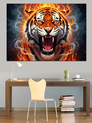 Artmeg Alevli Kaplan Yüzü Portresi Dekoratif Kanvas - Mdf Ahşap Tablo