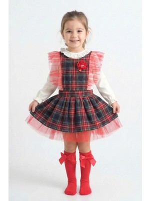 Mini Baray Kız Çocuk Kırmızı Ekose Desenli Tül Detaylı Kabarık Salopet Elbise + Çorap