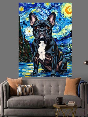 Artmeg Yıldızlı Gece Fransız Bulldog Dekoratif Kanvas - Mdf Ahşap Tablo