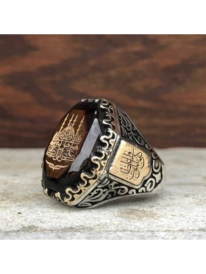 Canka Kehribar Taşlı Köşeli Cami Gümüş Erkek Yüzük