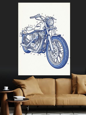 Karizma Tablo Mavi Motosiklet Çizim Sanatı Dekoratif Kanvas - Mdf Ahşap Tablo