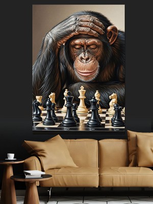 Karizma Tablo Satranç Oynayan Düşünen Maymun Dekoratif Kanvas - Mdf Ahşap Tablo