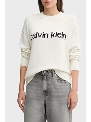 Calvin Klein Kadın Bej Calvin Klein Cotton Graphic Pullover Bej Kadın Kazak