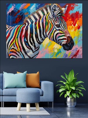 Renkli Zebra Başı Portresi Dekoratif Kanvas - Mdf Ahşap Tablo