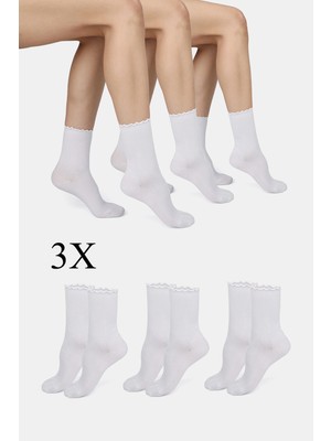 ERENART Bambu Kadın Lastiksiz Beyaz Fırfırlı Soket Dikişsiz Çorap 3'lü Paket Iz Bırakmaz Sıkmayan Çorap