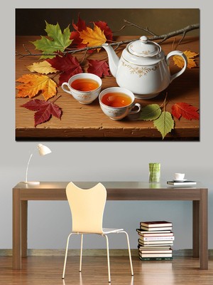 Artmeg Sonbahar Yaprakları ve Çay Dekoratif Kanvas - Mdf Ahşap Tablo