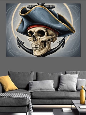 Korsan Şapkalı Kuru Kafa Dekoratif Kanvas - Mdf Ahşap Tablo