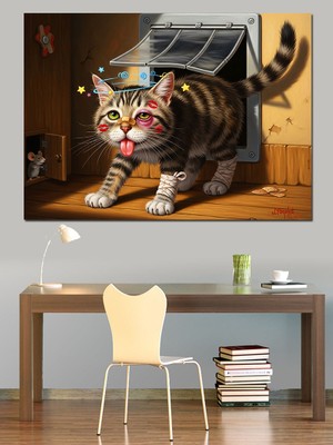 Kapıdan Giren Akşamcı Kedi Dekoratif Kanvas - Mdf Ahşap Tablo