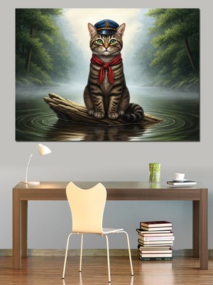 Artmeg Denizci Şapkalı Kedi Kaptan Dekoratif Kanvas - Mdf Ahşap Tablo