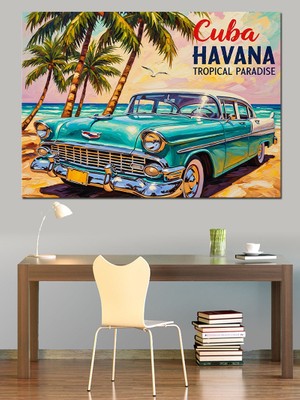 Retro Havanın Küba Arabası Dekoratif Kanvas - Mdf Ahşap Tablo