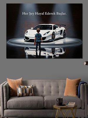 Artmeg Beyaz Lüks Spor Araba Dekoratif Kanvas - Mdf Ahşap Tablo