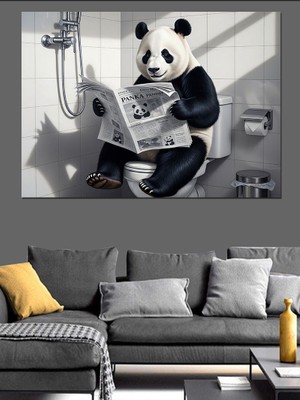 Artmeg Tuvalette Gazete Okuyan Panda Dekoratif Kanvas - Mdf Ahşap Tablo