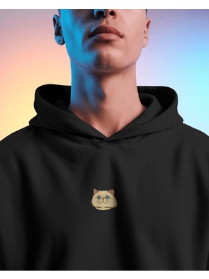 Muhtar Store Persian Kedili Hoodie Unisex %100 Pamuk | Siyah Kapüşonlu Sweatshirt Göğüs Ortası Minimal Logo