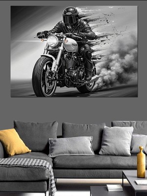 Dumanlı Motosiklet Sürücüsü Resmi Dekoratif Kanvas - Mdf Ahşap Tablo