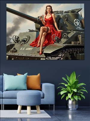 Artmeg Tank Üzerinde Kırmızılı Kadın Dekoratif Kanvas - Mdf Ahşap Tablo