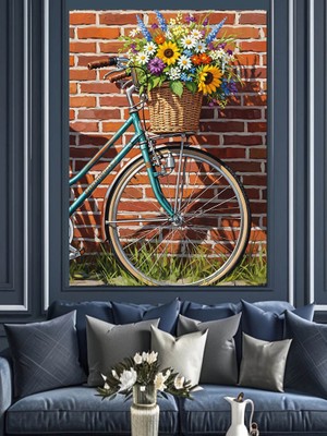 Artmeg Tuğla Duvar Çiçekli Bisiklet Dekoratif Kanvas - Mdf Ahşap Tablo