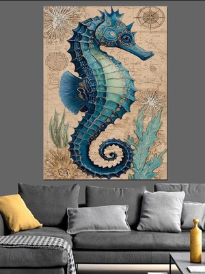 Karizma Tablo Mavi Deniz Atı Çizimi Dekoratif Kanvas - Mdf Ahşap Tablo