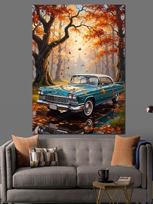 Artmeg Orman Yolunda Klasik Araba Dekoratif Kanvas - Mdf Ahşap Tablo