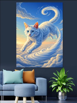 Artmeg Bulutlarda Yürüyen Beyaz Kedi Dekoratif Kanvas - Mdf Ahşap Tablo