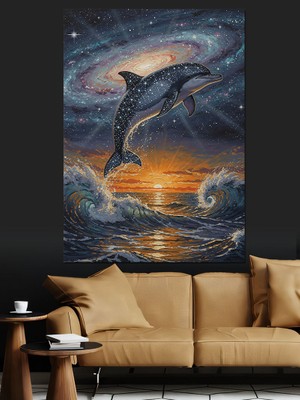 Tablomega Uzayda Yüzen Yunus Balığı Dekoratif Kanvas - Mdf Ahşap Tablo