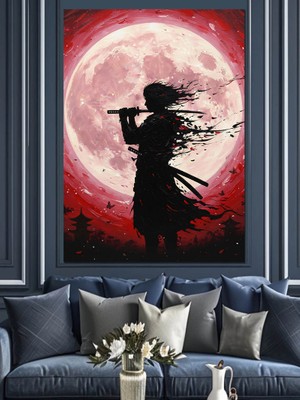 Tablomega Kırmızı Ay Samuray Silüeti Dekoratif Kanvas - Mdf Ahşap Tablo