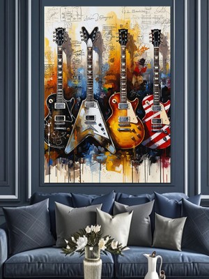 Artmeg Renkli Dört Gitar Tablosu Dekoratif Kanvas - Mdf Ahşap Tablo