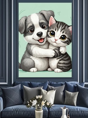 Tablomega Sarılan Köpek ve Kedi Dekoratif Kanvas - Mdf Ahşap Tablo