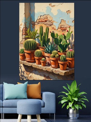 Artmeg Pencere Önü Kaktüs Saksıları Dekoratif Kanvas - Mdf Ahşap Tablo