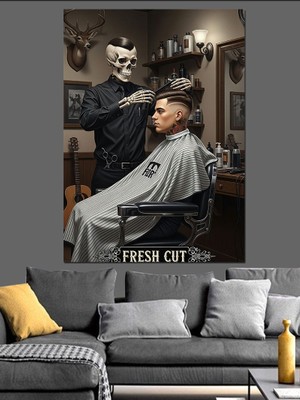 Tablomega Berber Dükkanı Tıraş Sahnesi Dekoratif Kanvas - Mdf Ahşap Tablo