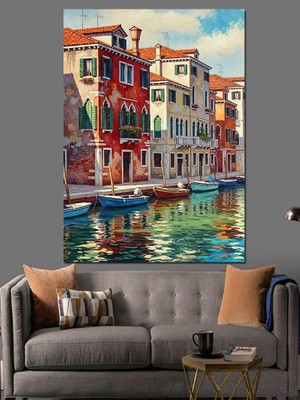 Tablomega Venedik Kanalı Renkli Evler Dekoratif Kanvas - Mdf Ahşap Tablo