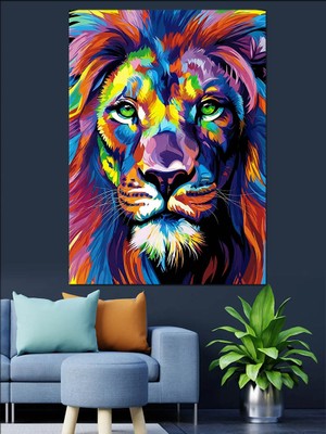 Tablomega Renkli Aslan Başı Portresi Dekoratif Kanvas - Mdf Ahşap Tablo