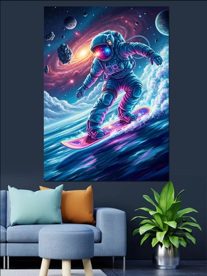 Karizma Tablo Uzayda Sörf Yapan Astronot Dekoratif Kanvas - Mdf Ahşap Tablo