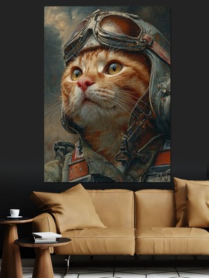 Artmeg Pilot Şapkalı Kedi Portresi Dekoratif Kanvas - Mdf Ahşap Tablo