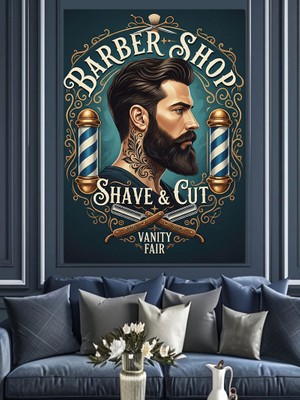 Tablomega Retro Berber Dükkanı Logosu Dekoratif Kanvas - Mdf Ahşap Tablo