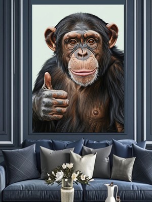 Artmeg Başparmak Kaldıran Şempanze Resmi Dekoratif Kanvas - Mdf Ahşap Tablo