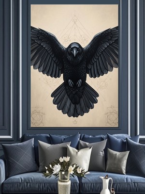 Artmeg Siyah Kuzgun Kuş Çizimi Dekoratif Kanvas - Mdf Ahşap Tablo
